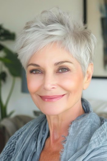 Tousled Silver Pixie Hairstyle on smiling older woman with silver gray hair.