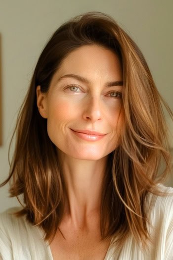 Tousled Straight Shoulder-Length Hairstyle on softly smiling woman with brown hair.