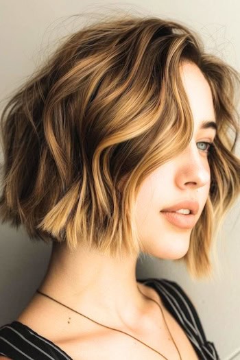  Tousled Wavy Blunt Bob Short Hairstyle.