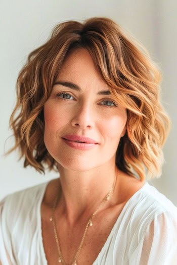 Tousled Wavy Bob Hairstyle For Women Over 40.