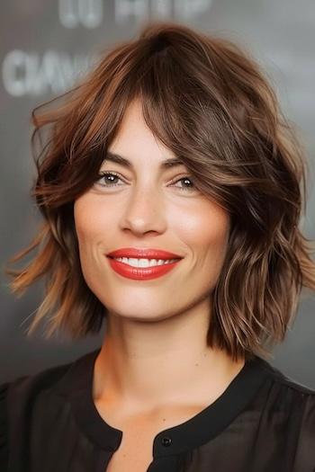 Tousled Wavy Bob With Curtain Bangs Hairstyle on a smiling woman with brown hair.