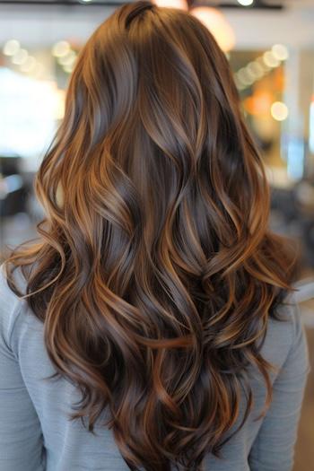 V-Cut Layered Waves Hairstyle on a woman in a hair salon with brown hair, back view.