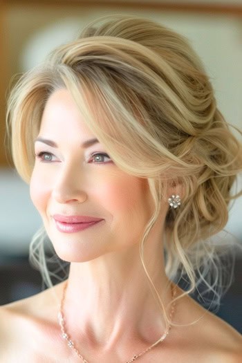 Vanilla Blond Updo Hairstyle on smiling older woman with long hair.