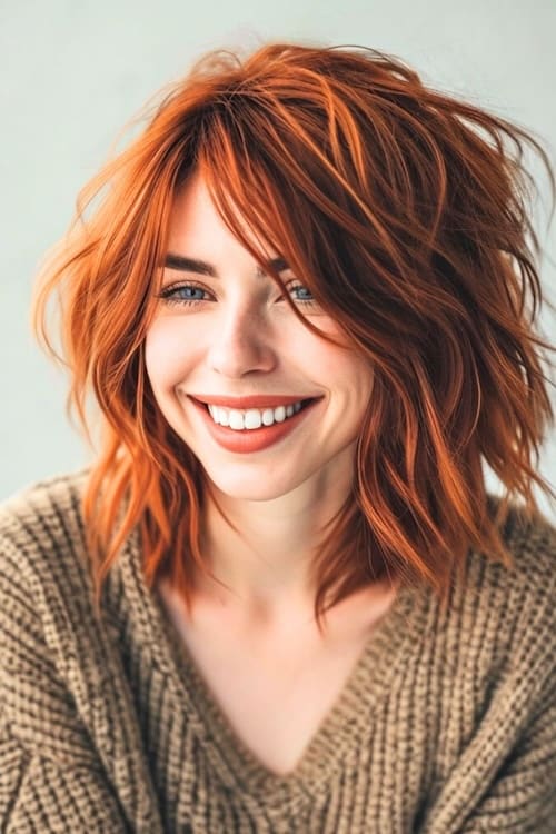 Vibrant copper shag hairstyle on smiling woman.