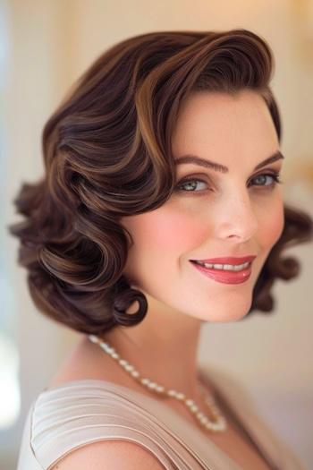 Vintage-Inspired Medium Bob Hairstyle on a smiling woman with medium-length brown hair.