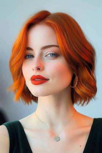 Vivid Copper Waves Short Hairstyle For Thick Hair.