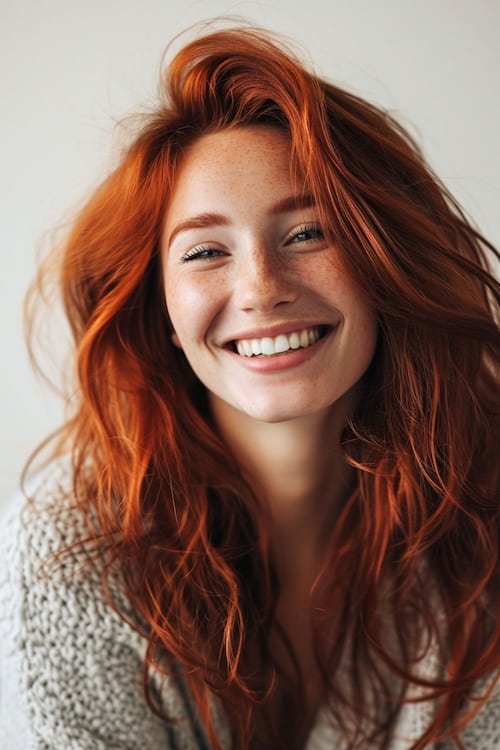 Vivid copper waves with volume on smiling pretty woman.