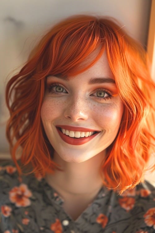 Vivid orange tangerine hair color on smiling woman with bangs.