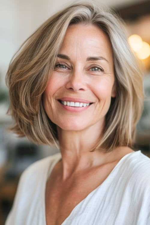 Voluminous bob with highlights on older woman.