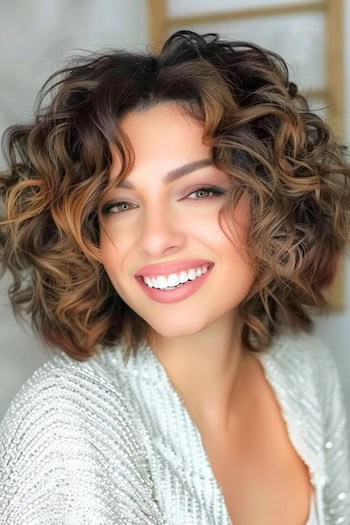 Voluminous Curls Short Hairstyle For Thick Hair.