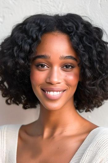 Voluminous Curly Bob Hairstyle on a smiling black woman with brown black hair.