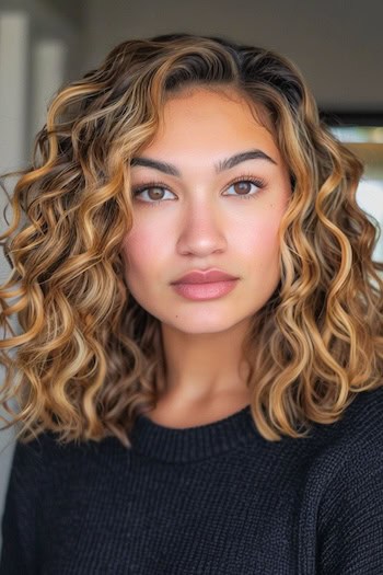 Voluminous Curly Lob Hairstyle on smiling young woman with brown hair and caramel highlights.