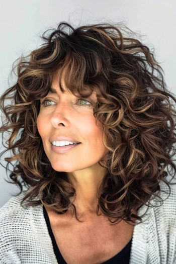 Voluminous Curly Shaggy Hairstyle on smiling older woman with brown hair.