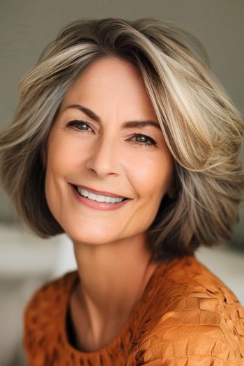 Voluminous Layered Bob Hairstyle on a smiling woman with brown hair and blonde highlights.