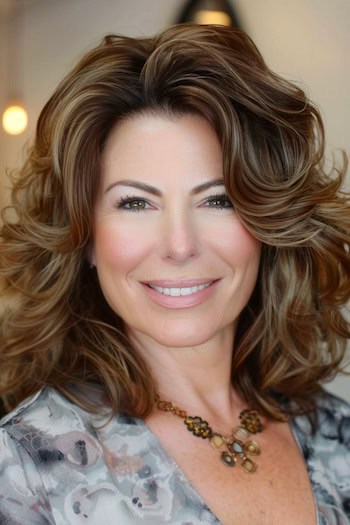 Voluminous Layered Waves Hairstyle on a smiling woman with medium-length brown hair.