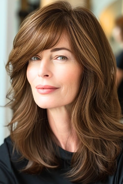 Voluminous layers on brown-haired woman over 50.