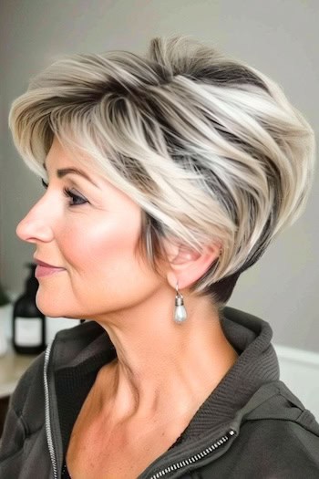 Voluminous Pixie Bob Hairstyle on older woman, side view.