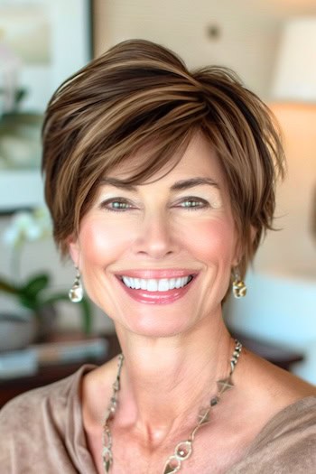 Voluminous Pixie with Side-Swept Bangs Hairstyle on smiling older woman with brown hair.