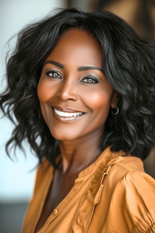 Voluminous waves on beautiful smiling black woman.