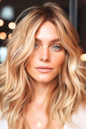 Warm Beige Honey Blonde Waves Hair Color Idea.