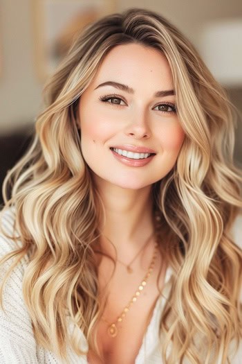 Warm Blonde Waves For Thick Hair Hairstyle on smiling woman with long hair.