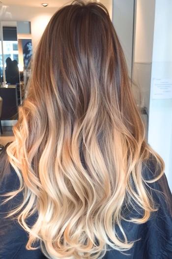 Warm Golden Ombre Waves Hairstyle on a woman with brown hair and golden blonde ends, back view.