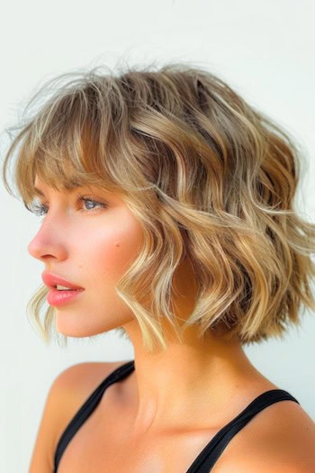 Wavy Blunt Bob with Bangs Short Hairstyle.