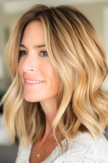 Wavy Blunt Cut With Highlights Hairstyle on a smiling woman with medium-length brown roots and honey blonde highlights.