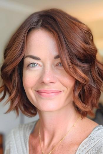 Wavy Bob Hairstyle on a smiling woman with auburn brown hair.