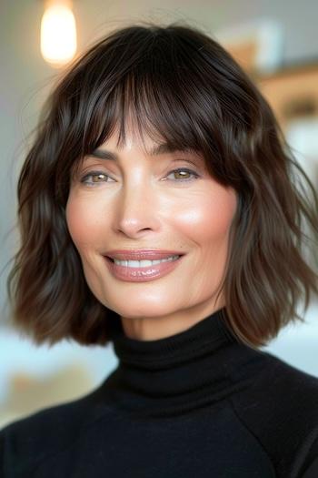 Wavy Bob with Bangs Hairstyle on a smiling woman with brown hair.