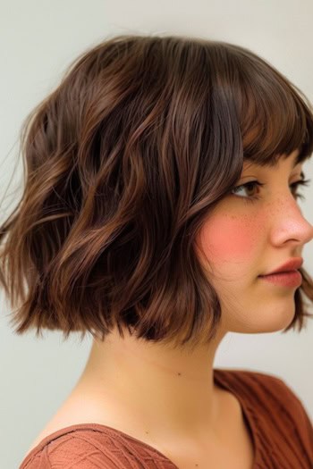 Wavy Bob With Bangs Short Hairstyle.