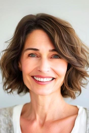 Wavy Bob with Side Part Hairstyle on a smiling woman with brown hair.