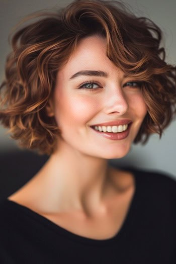 Wavy Bob with Side-Swept Bangs Short Hairstyle.