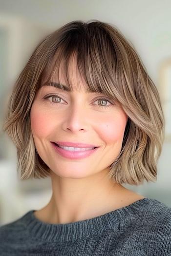 Wavy Bob With Soft Bangs Hairstyle on a smiling woman with brown hair and ombre blonde tips.