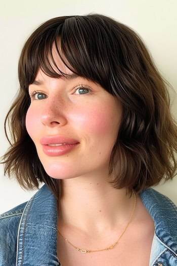 Wavy Chocolate Bob with Bangs Hairstyle on woman with brown hair.