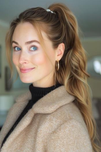 Wavy High Ponytail Hairstyle on a smiling woman with brown hair and highlights.