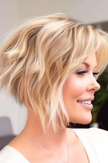 Wavy Layered Angled Cut Hairstyle on a smiling woman with blonde hair, side view.