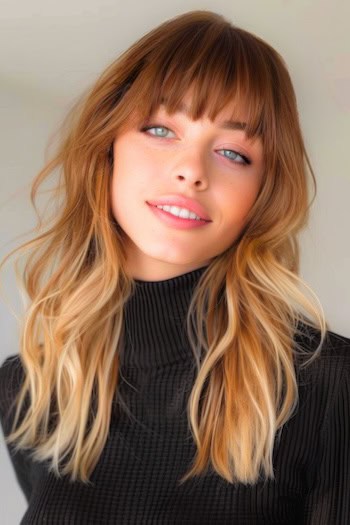 Wavy Layers with Full Bangs Long Layered Hair.