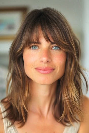 Wavy Lob With Bangs Hairstyle on smiling woman with brown hair.