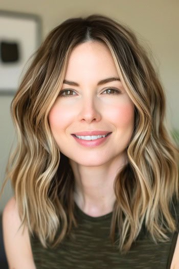 Wavy Lob With Face-Framing Highlights Hairstyle on smiling woman with brown hair.