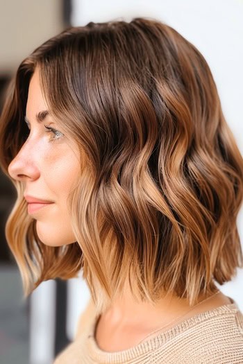 Wavy Lob With Subtle Balayage Hairstyle on woman with brown hair, side view.