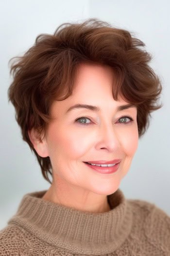 Wavy Pixie Hairstyle on smiling older woman with brown hair.