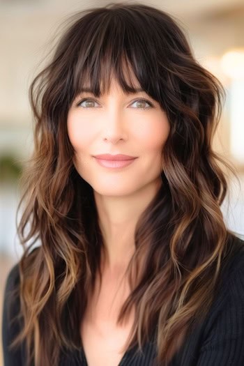 Wavy Shag With Subtle Highlights Hairstyle on smiling woman with long brown hair.