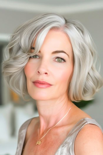 Wavy Silver Bob Hairstyle on older woman with silver hair.