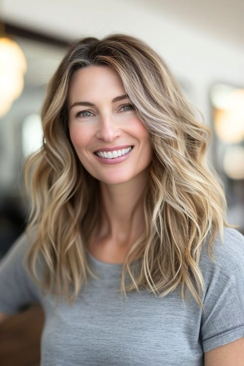 Wheat blond balayage hair color on smiling woman in her 40s.