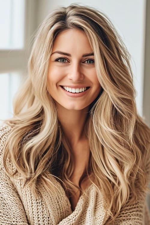 Wheat blond with natural tones hair color on smiling woman.