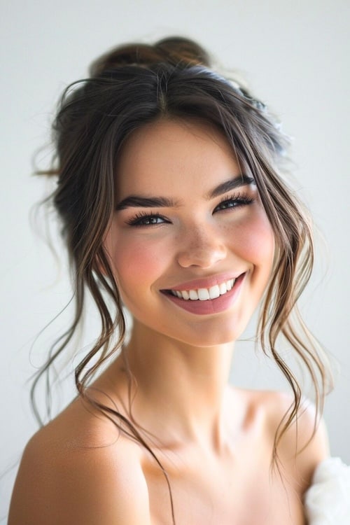 Whimsical updo on smiling woman with long brown hair.