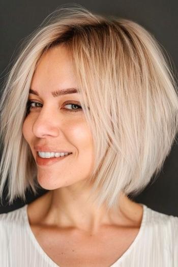 Wispy Bob Hairstyle on a smiling woman with blonde hair and dark roots.