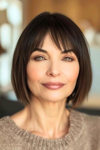 Wispy Bob Hairstyle on an older woman with dark brown hair.