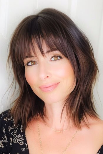 Wispy Layered Chocolate Lob with Bangs Hairstyle on smiling woman with brown hair.